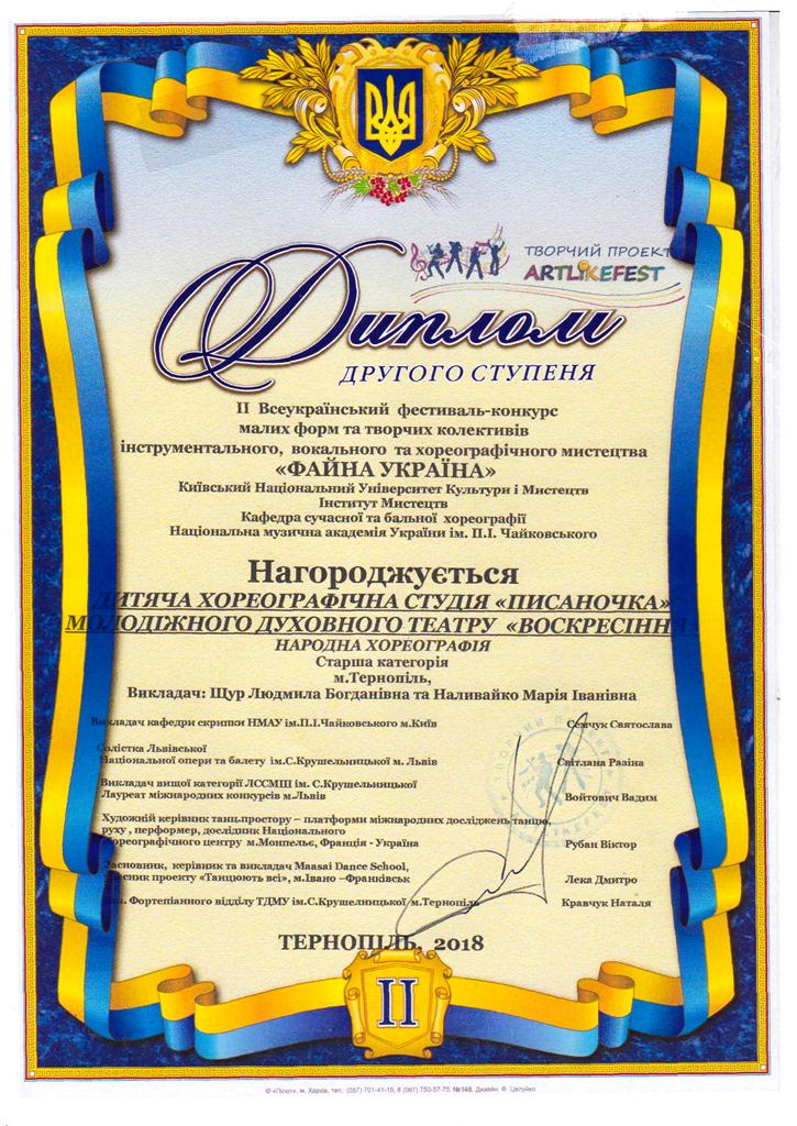 Диплом ІІ ступеня. Дитяча хореографічна студія  Писаночка. Керівник - Людмила Щур